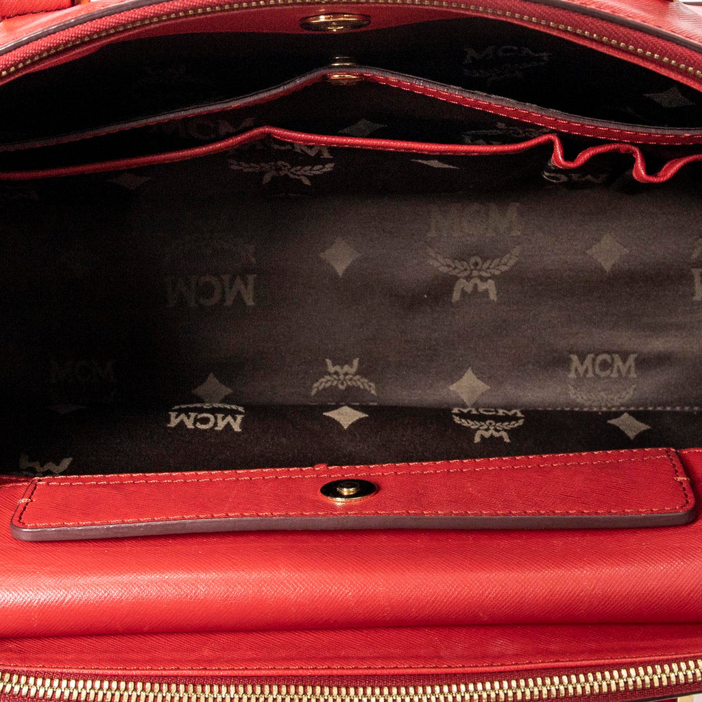 Shoulder Bag Horizontal Double Zip Tote Red Textured Leather