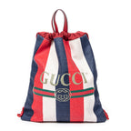 Backpack Striped Drawstring Backpack Blue Logo Print Canvas