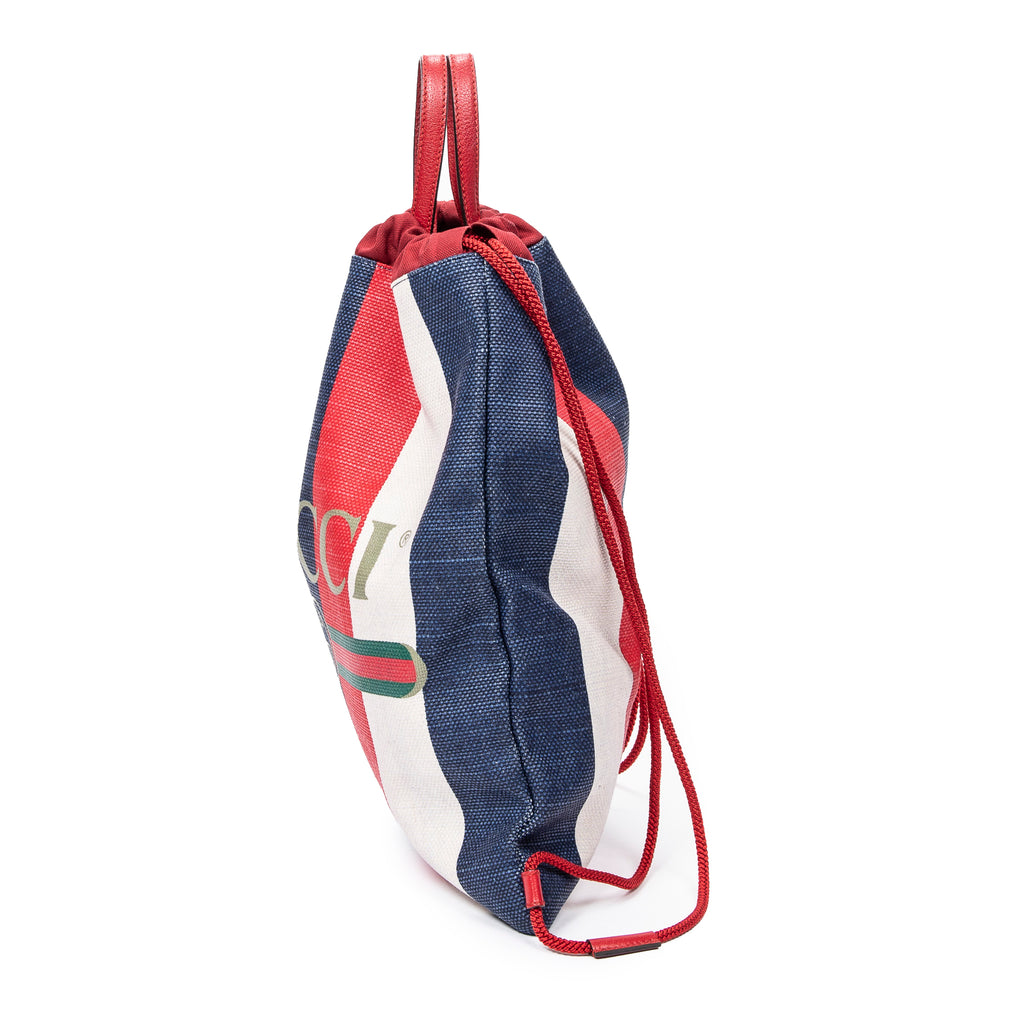 Backpack Striped Drawstring Backpack Blue Logo Print Canvas