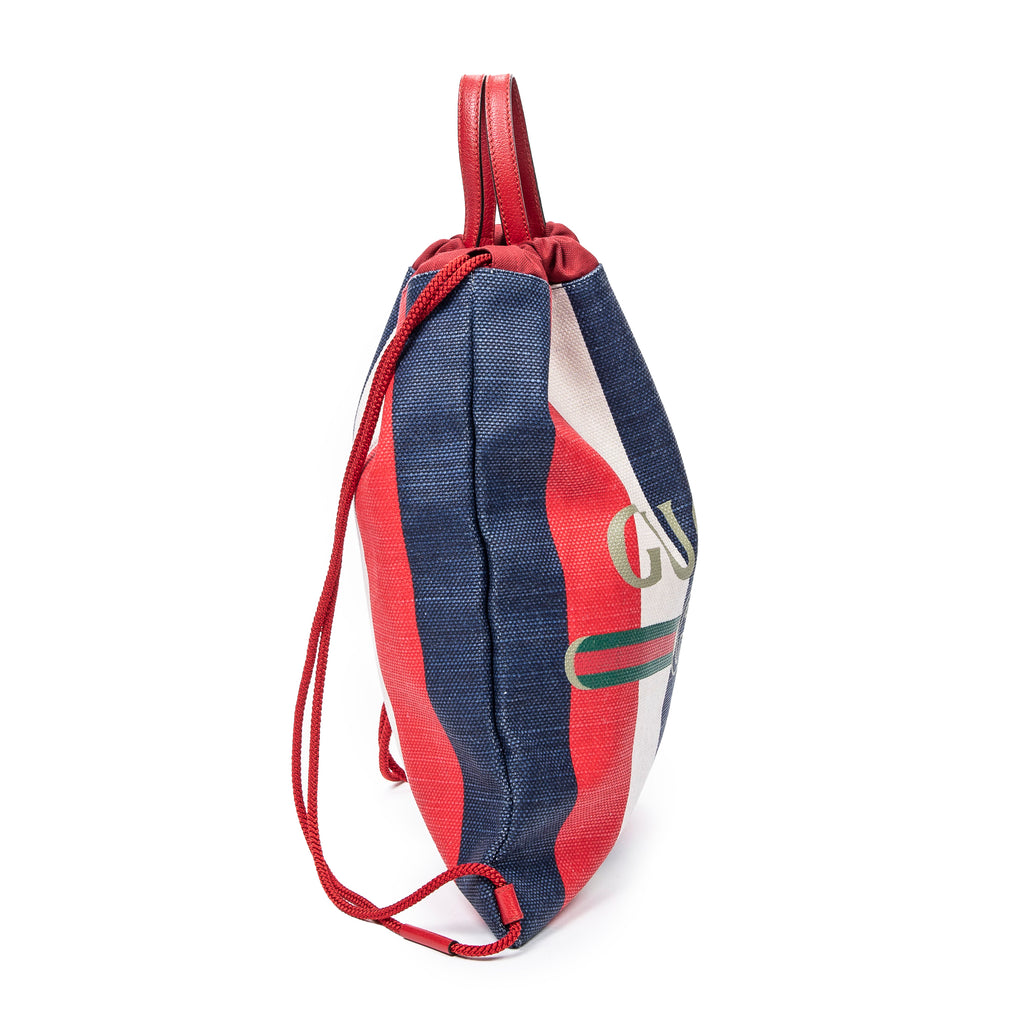 Backpack Striped Drawstring Backpack Blue Logo Print Canvas