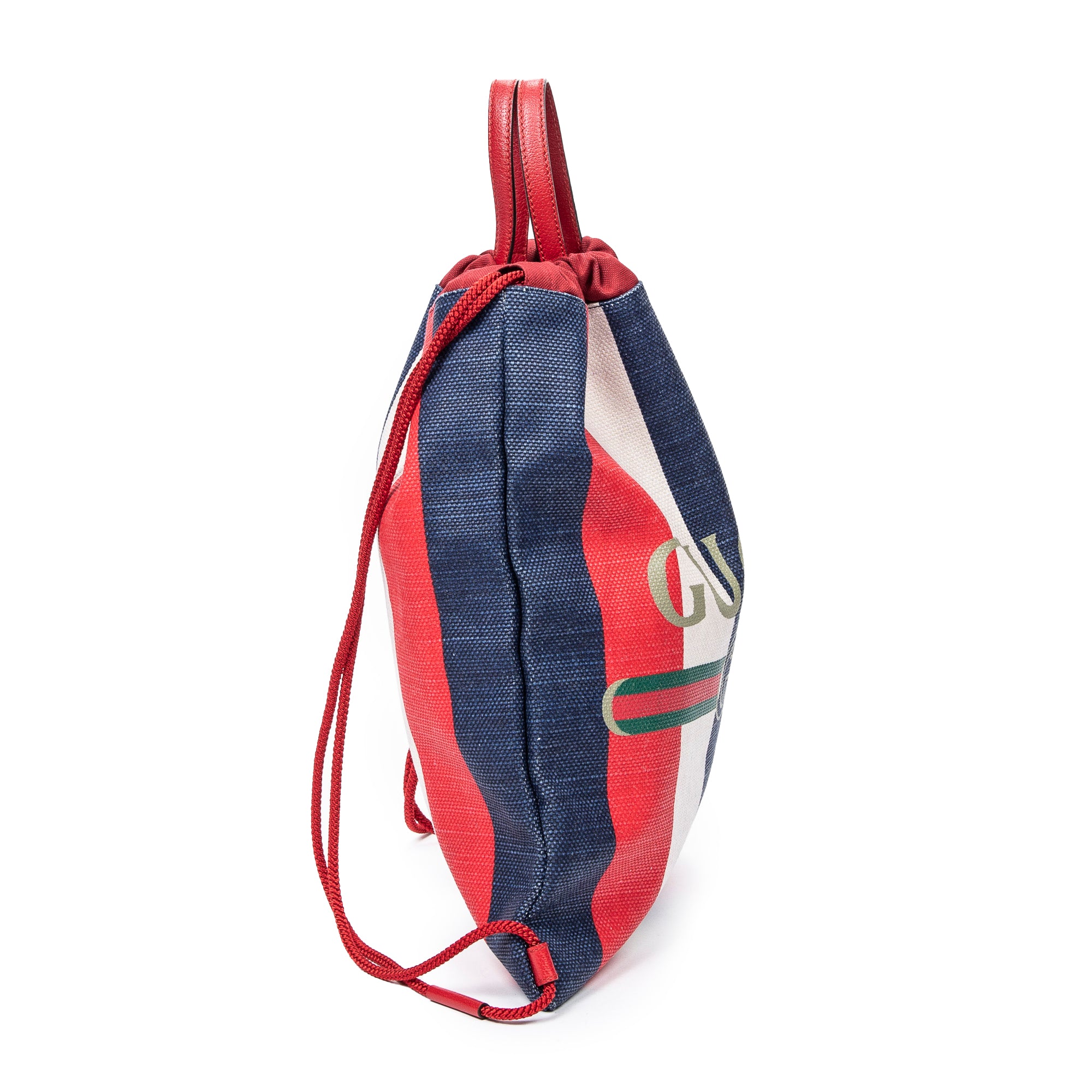 Backpack Striped Drawstring Backpack Blue Logo Print Canvas