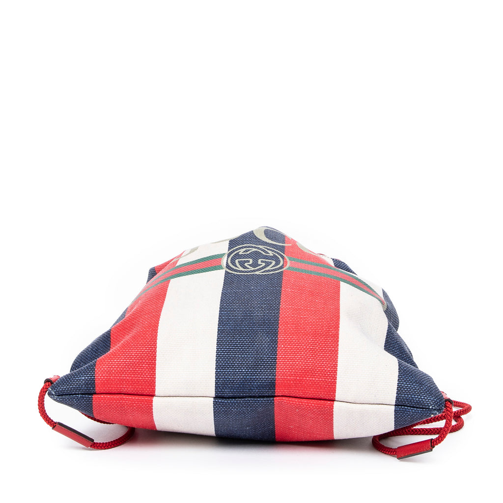 Backpack Striped Drawstring Backpack Blue Logo Print Canvas