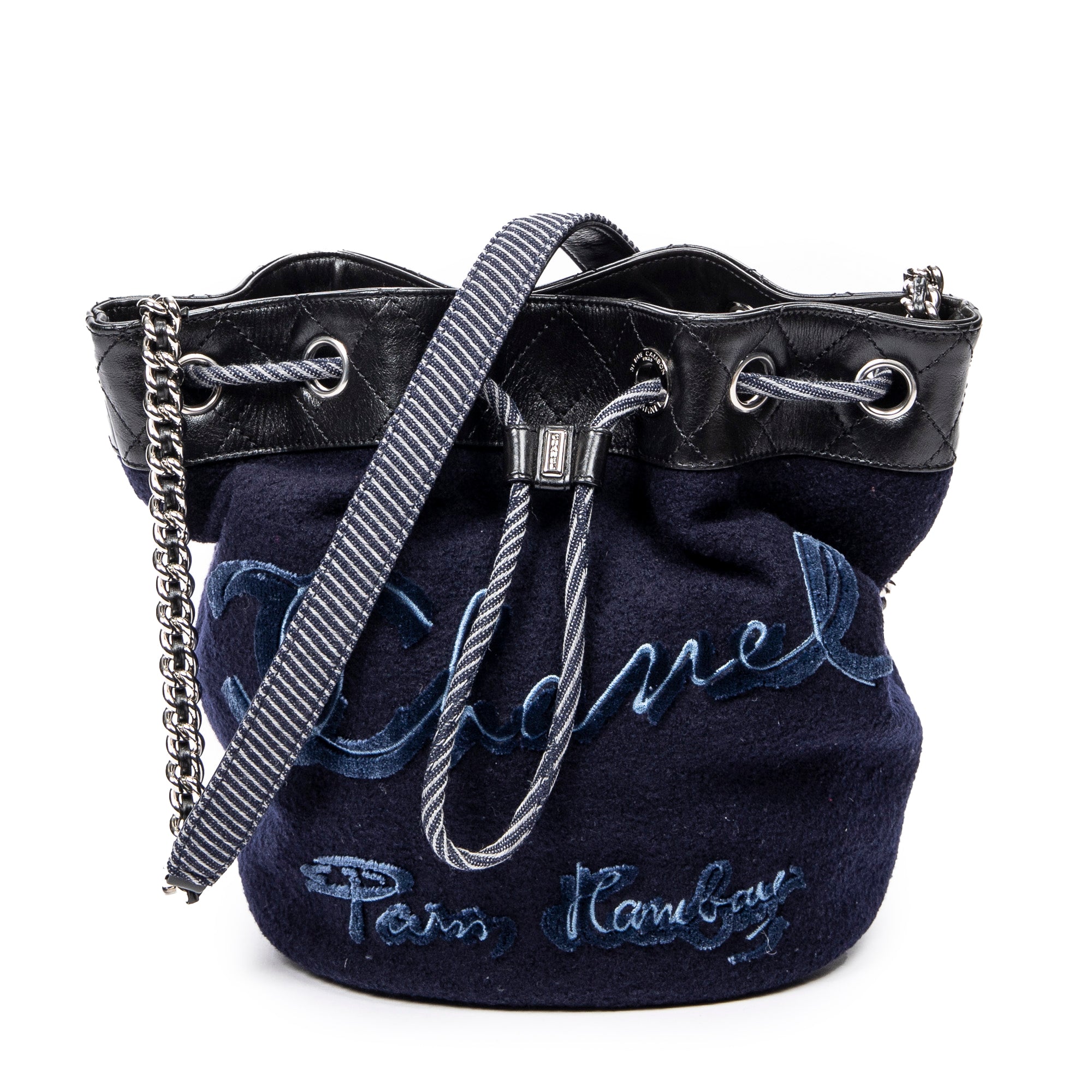 Bandolera Cubo de Lana Bordada Cadena Bolso Piel de Cordero Acolchada Azul Marino