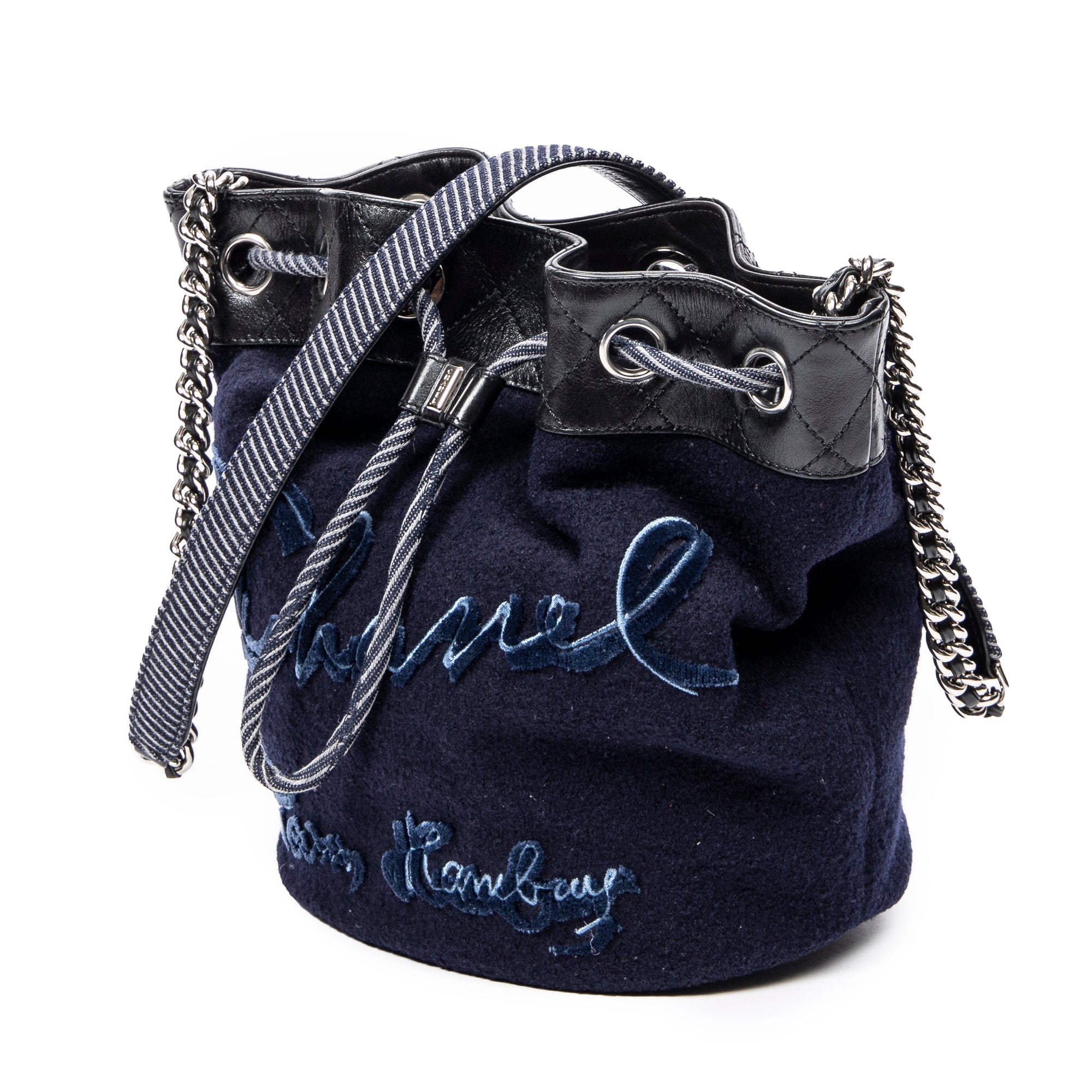 Bandolera Cubo de Lana Bordada Cadena Bolso Piel de Cordero Acolchada Azul Marino