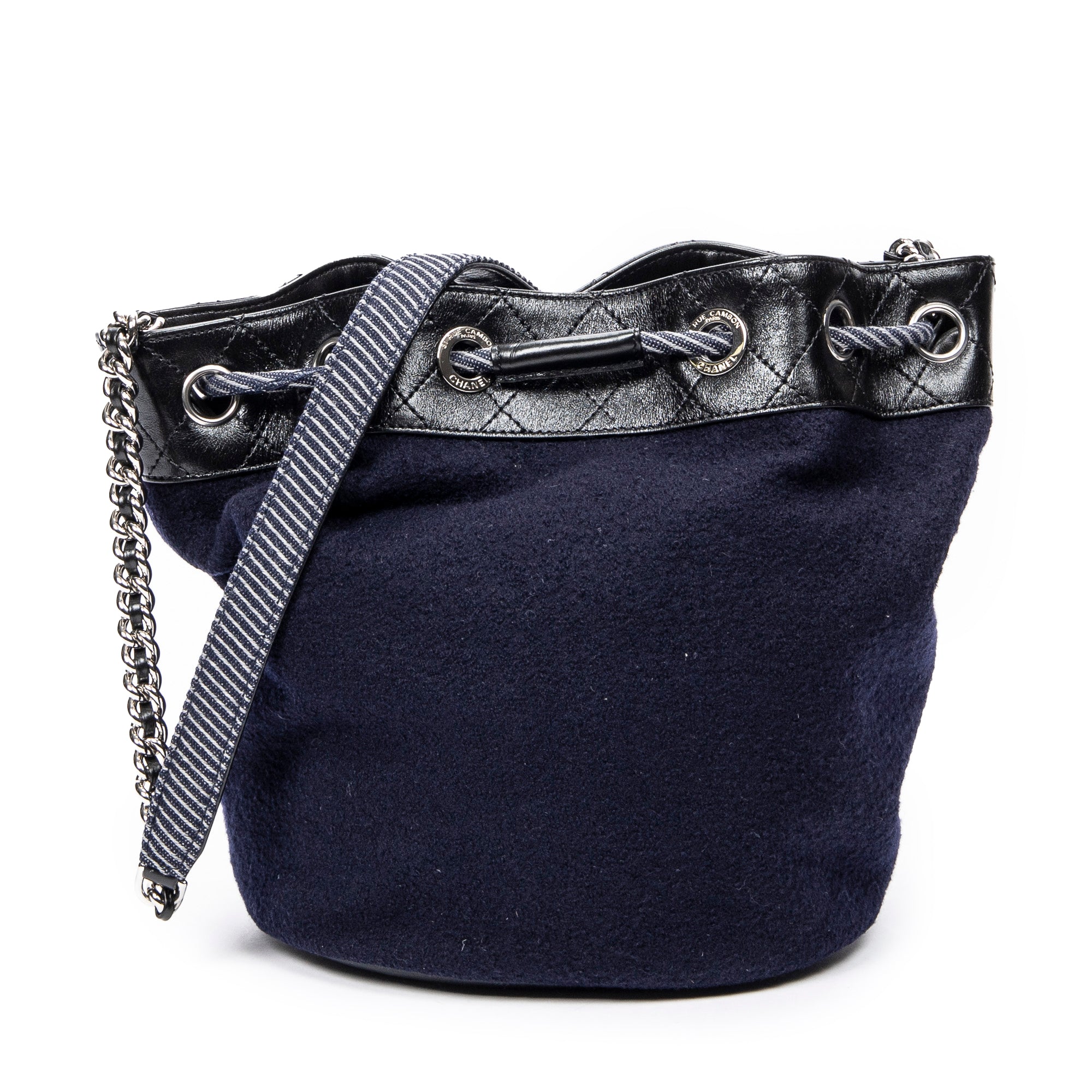 Bandolera Cubo de Lana Bordada Cadena Bolso Piel de Cordero Acolchada Azul Marino