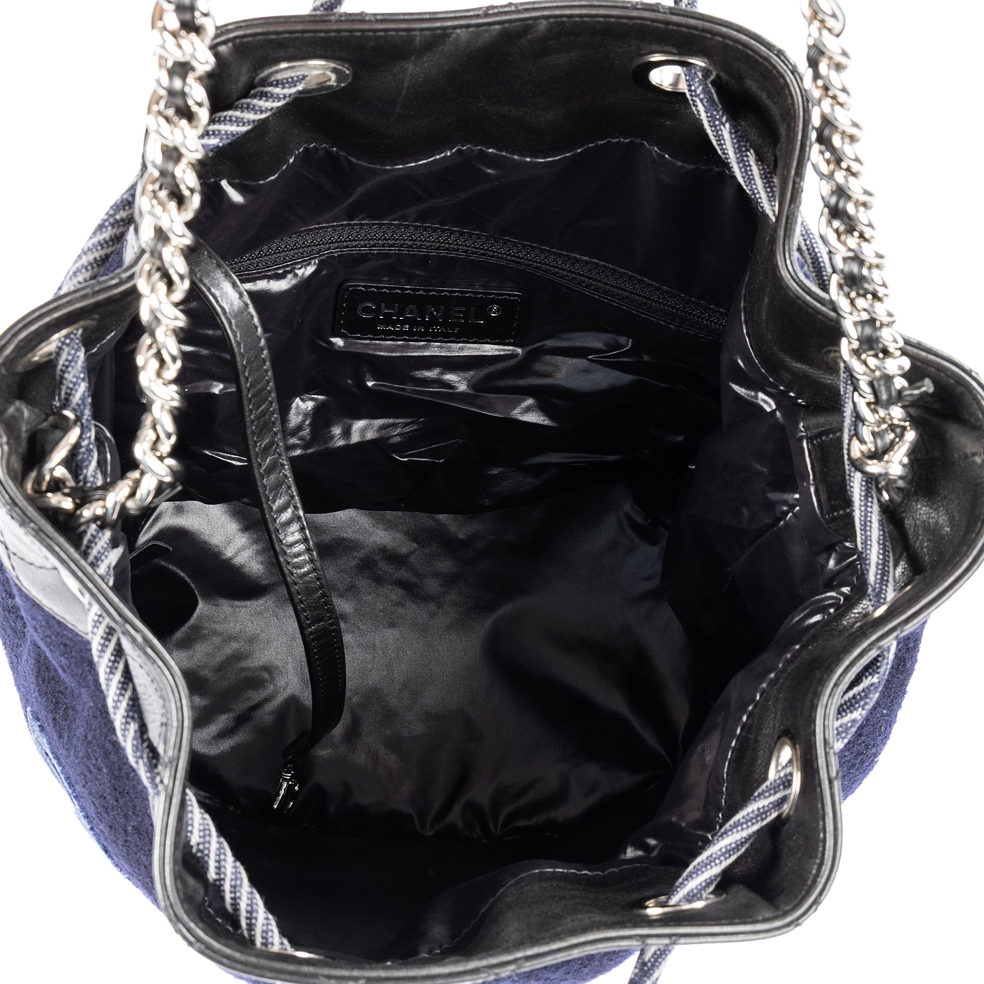 Shoulder Bag Embroidered Wool Bucket Chain Bag Navy Quilted Lambskin Leather