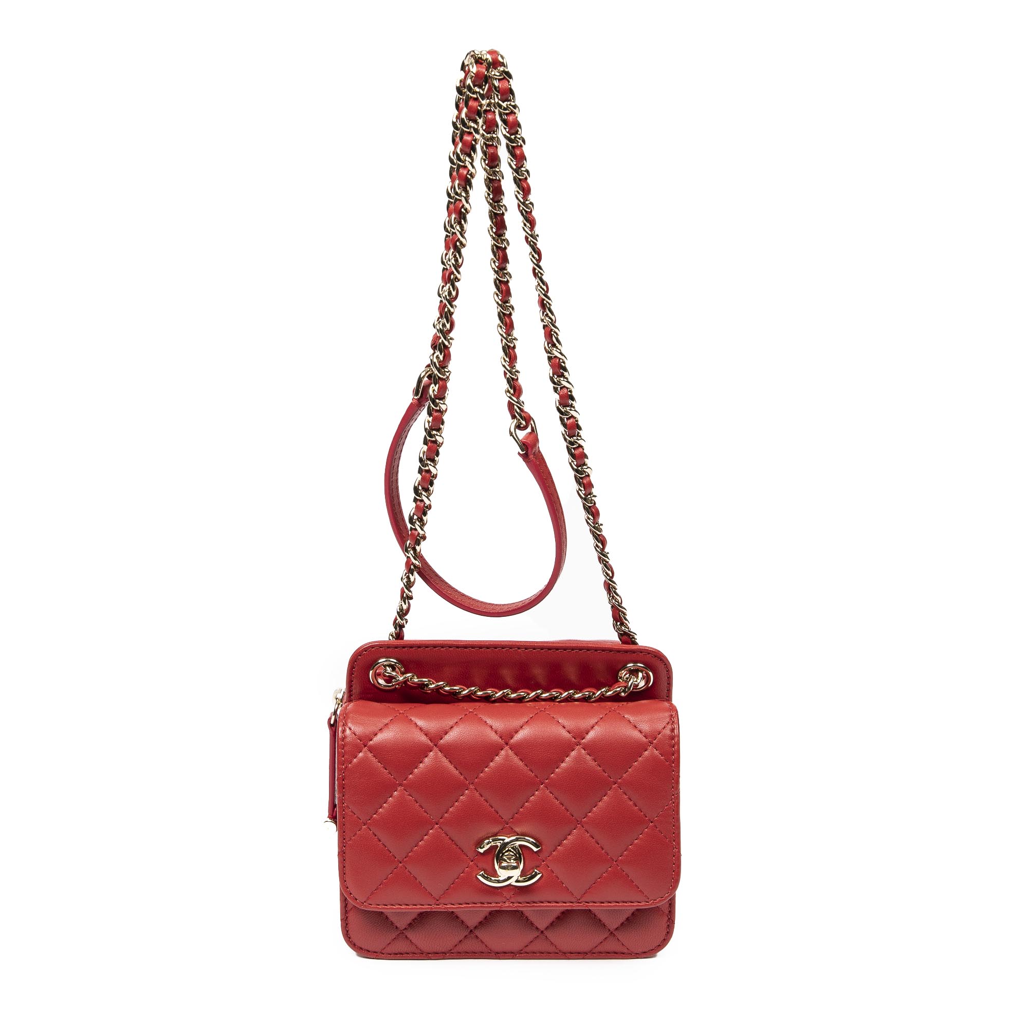 Bolso de Hombro Mini Doble Solapa Cadena Cuero de Cordero Acolchado Rojo