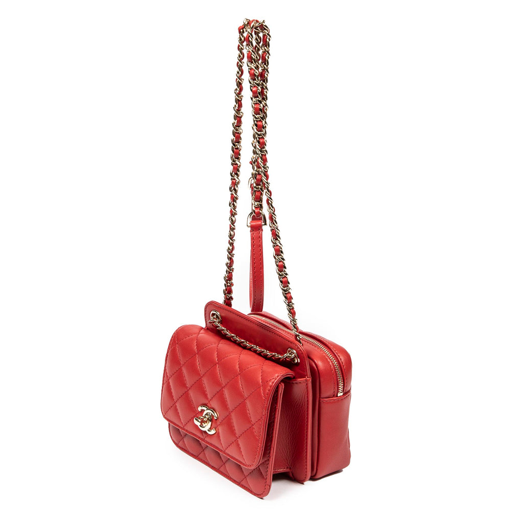 Bolso de Hombro Mini Doble Solapa Cadena Cuero de Cordero Acolchado Rojo