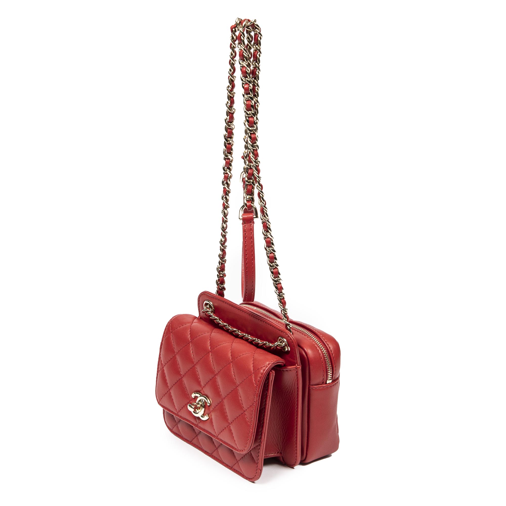 Bolso de Hombro Mini Doble Solapa Cadena Cuero de Cordero Acolchado Rojo
