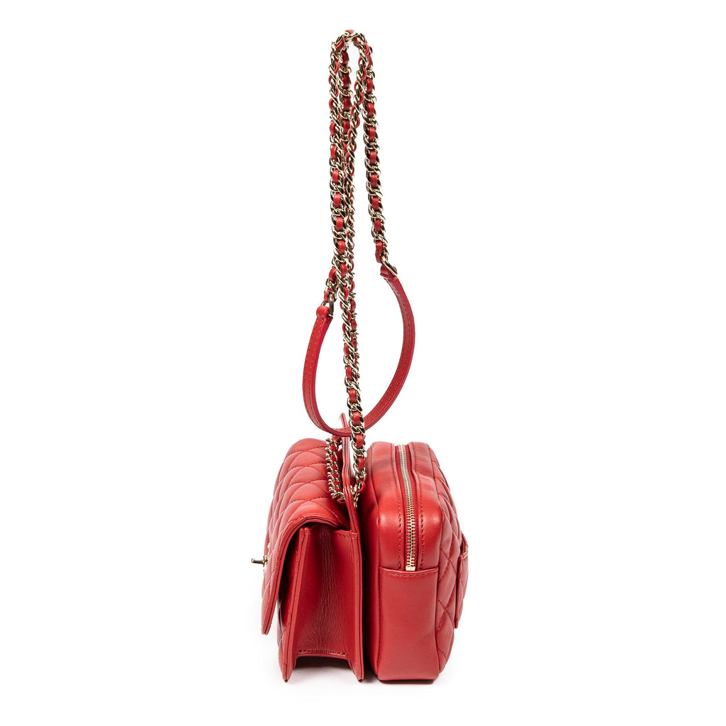 Bolso de Hombro Mini Doble Solapa Cadena Cuero de Cordero Acolchado Rojo