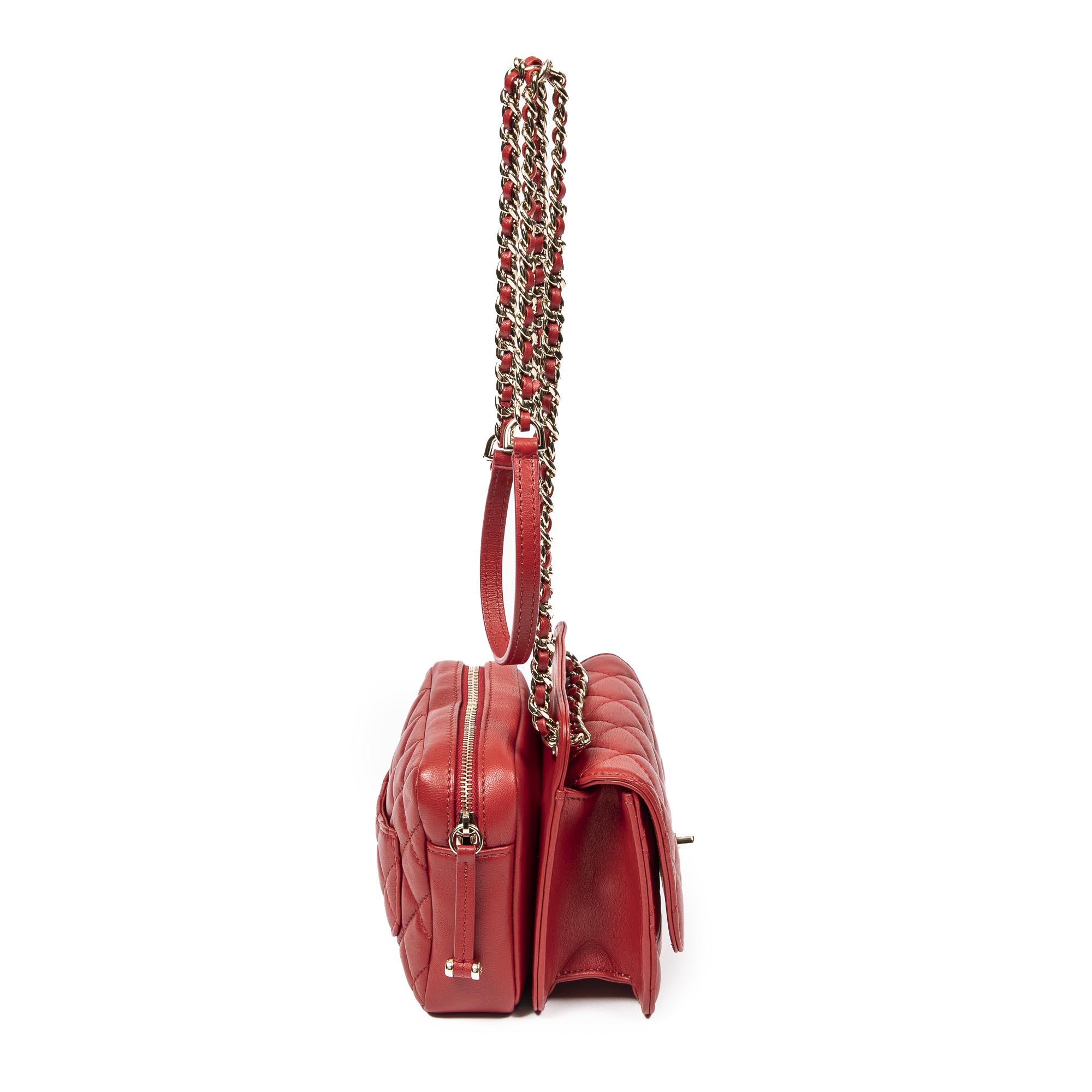 Bolso de Hombro Mini Doble Solapa Cadena Cuero de Cordero Acolchado Rojo