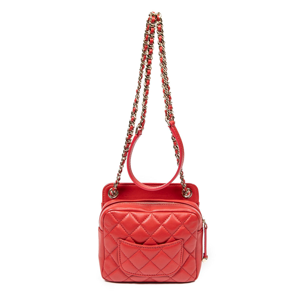 Bolso de Hombro Mini Doble Solapa Cadena Cuero de Cordero Acolchado Rojo