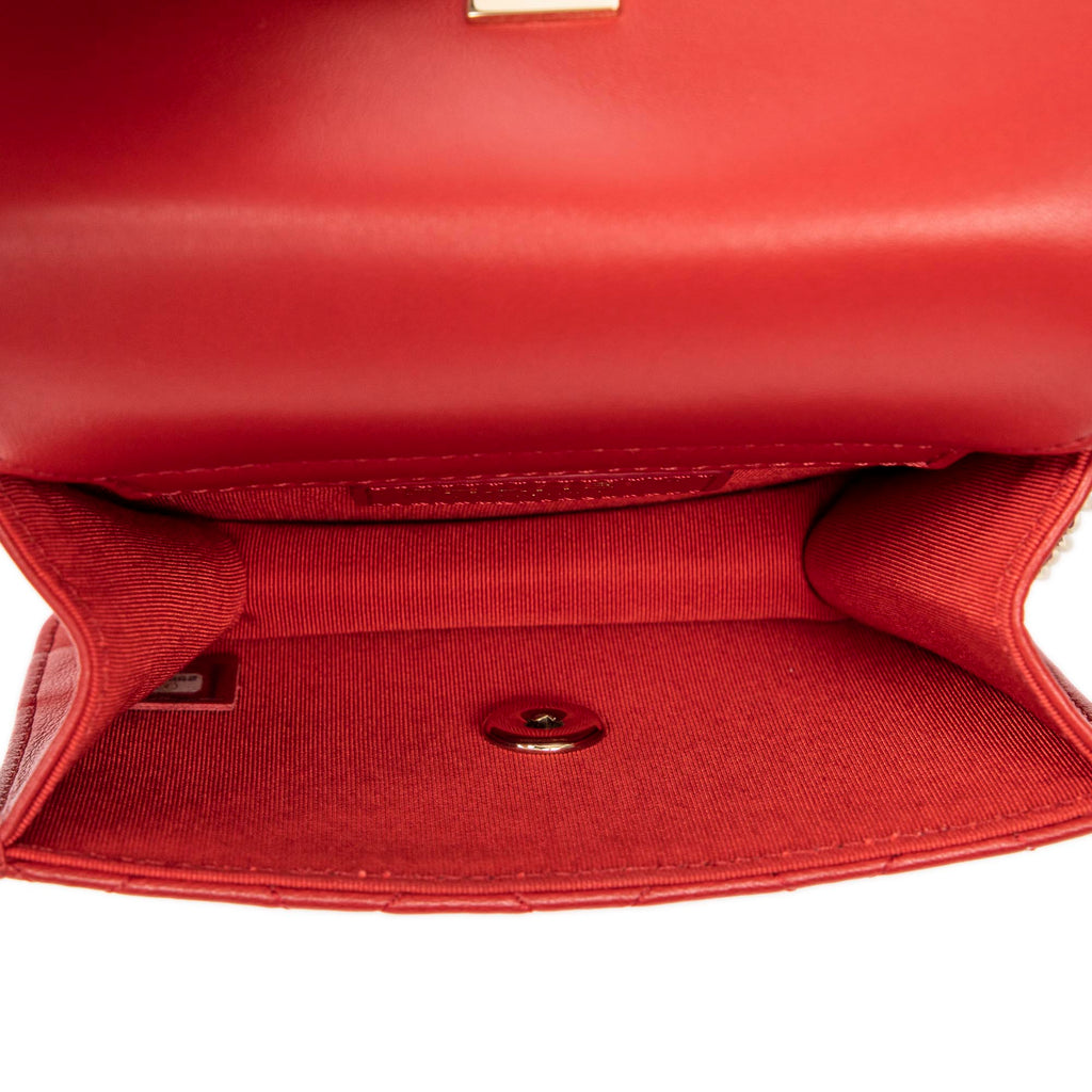 Bolso de Hombro Mini Doble Solapa Cadena Cuero de Cordero Acolchado Rojo