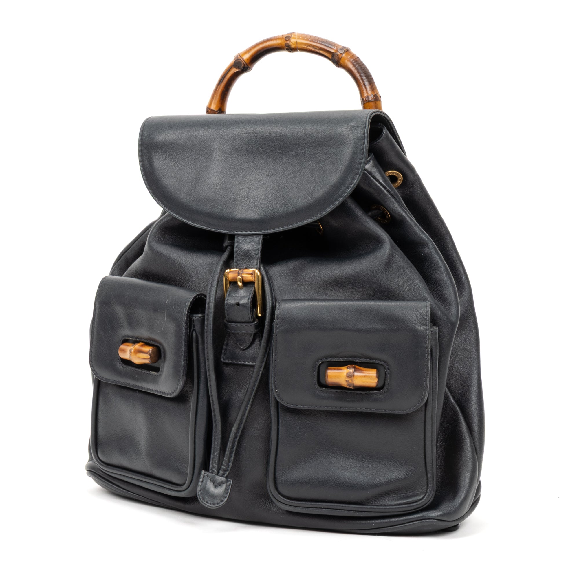 Backpack Large Bamboo Backpack Black Smooth Calfskin Leather