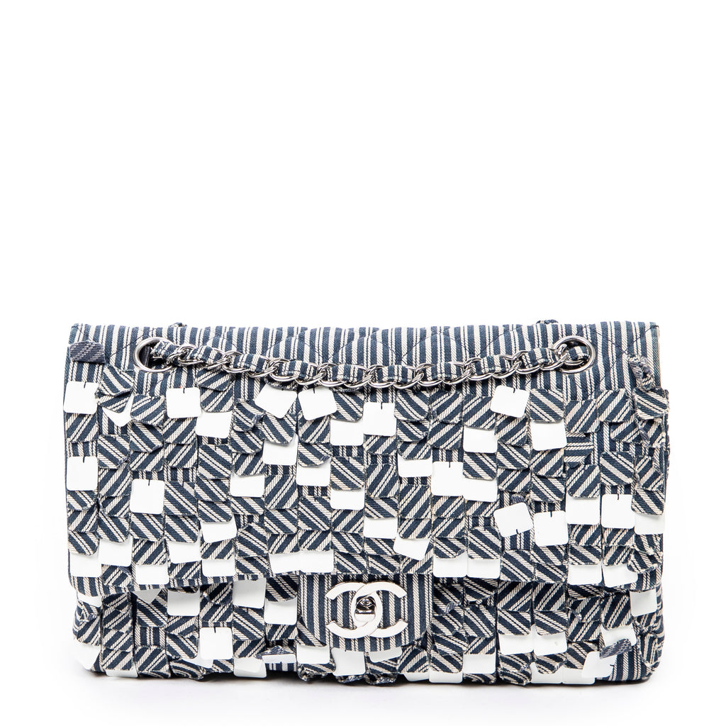 Shoulder Bag Medium Sequin Stripe Double Flap Blue Quilted Striped Canvas