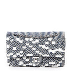 Shoulder Bag Medium Sequin Stripe Double Flap Blue Quilted Striped Canvas