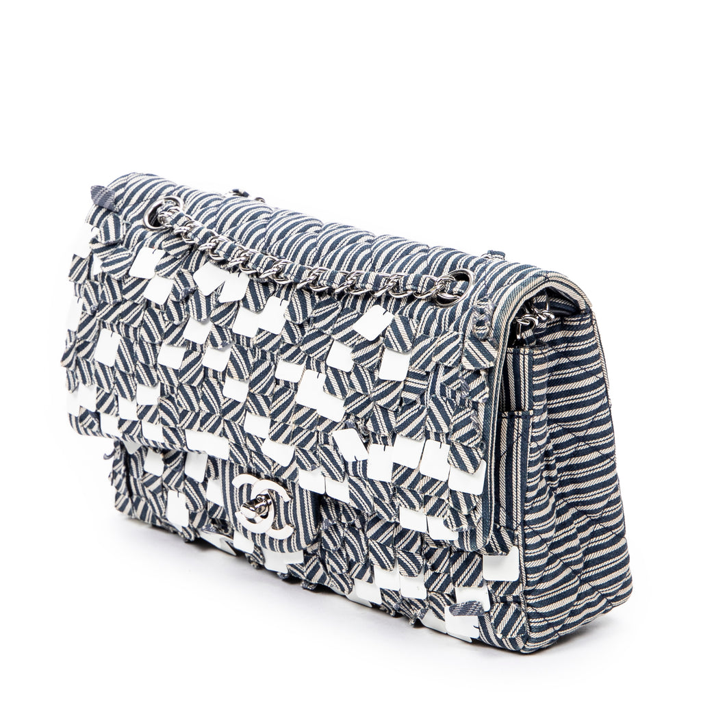 Shoulder Bag Medium Sequin Stripe Double Flap Blue Quilted Striped Canvas