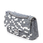 Shoulder Bag Medium Sequin Stripe Double Flap Blue Quilted Striped Canvas