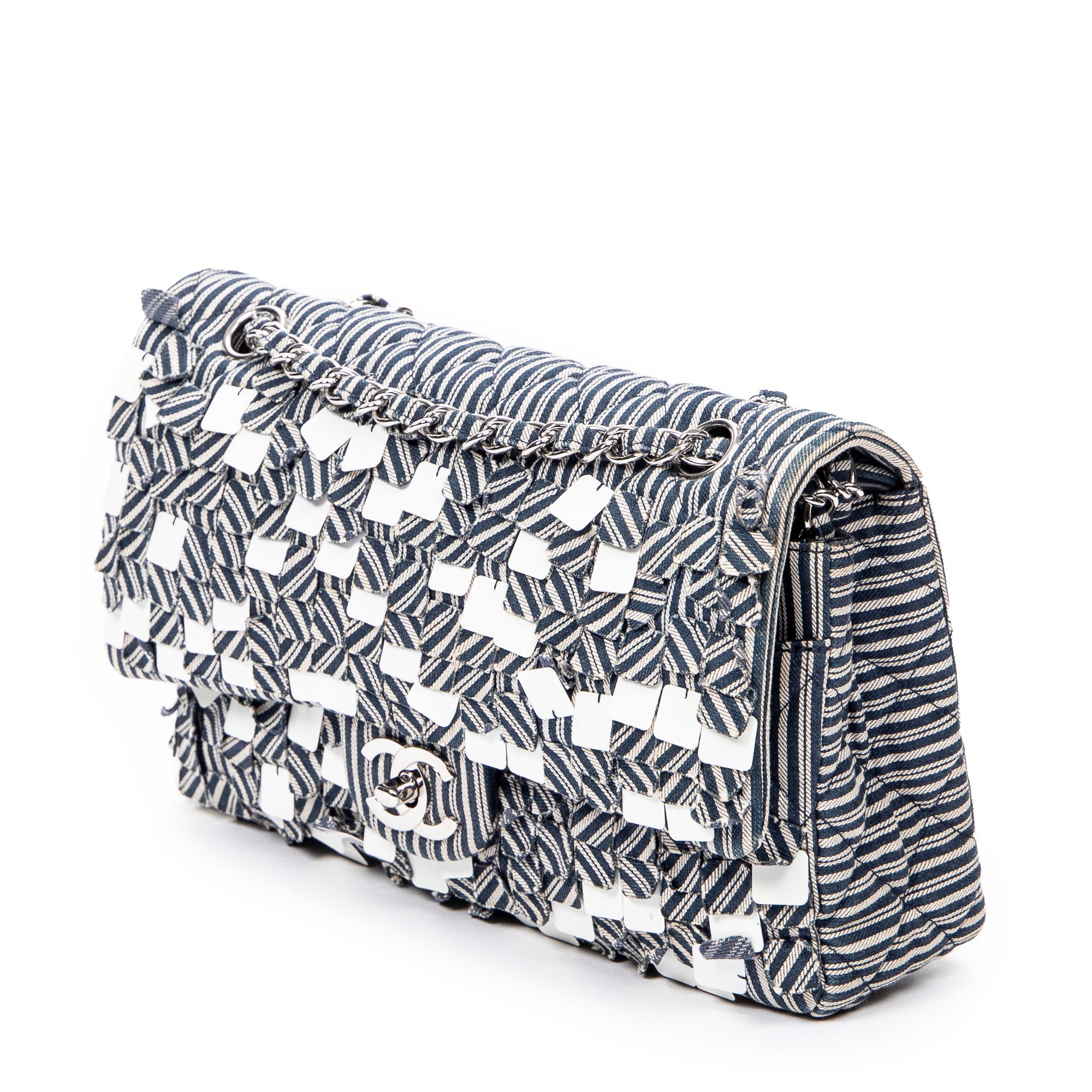 Shoulder Bag Medium Sequin Stripe Double Flap Blue Quilted Striped Canvas