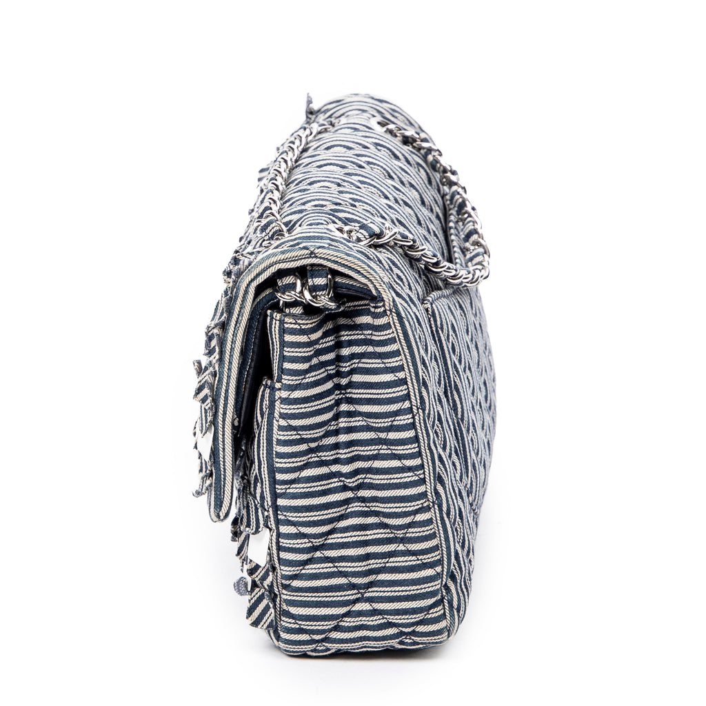 Shoulder Bag Medium Sequin Stripe Double Flap Blue Quilted Striped Canvas
