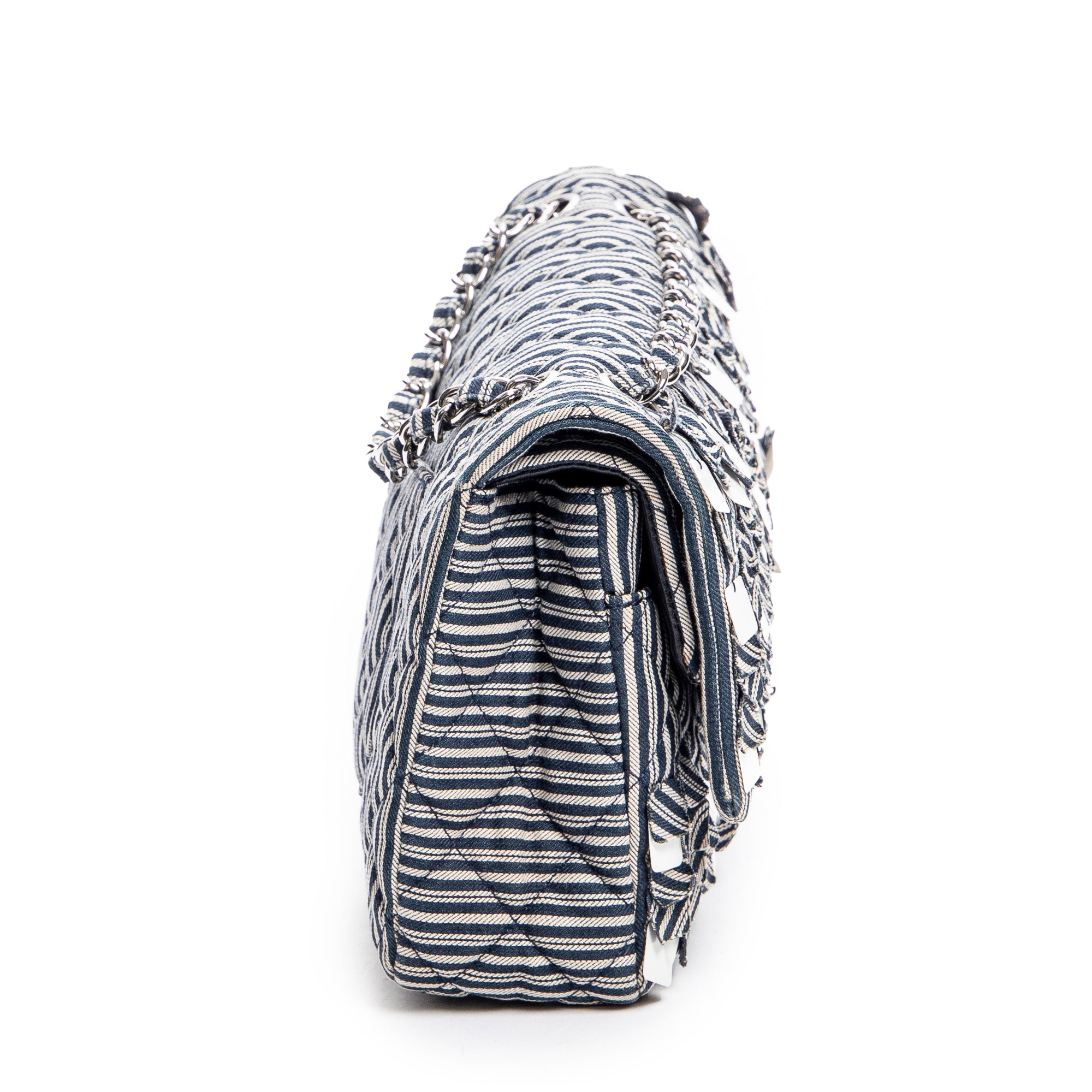 Shoulder Bag Medium Sequin Stripe Double Flap Blue Quilted Striped Canvas