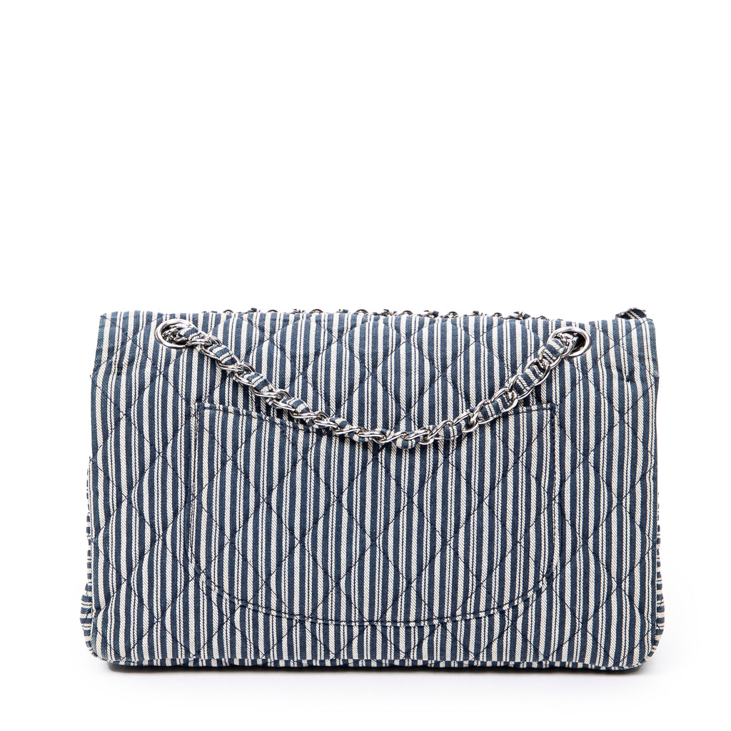 Shoulder Bag Medium Sequin Stripe Double Flap Blue Quilted Striped Canvas