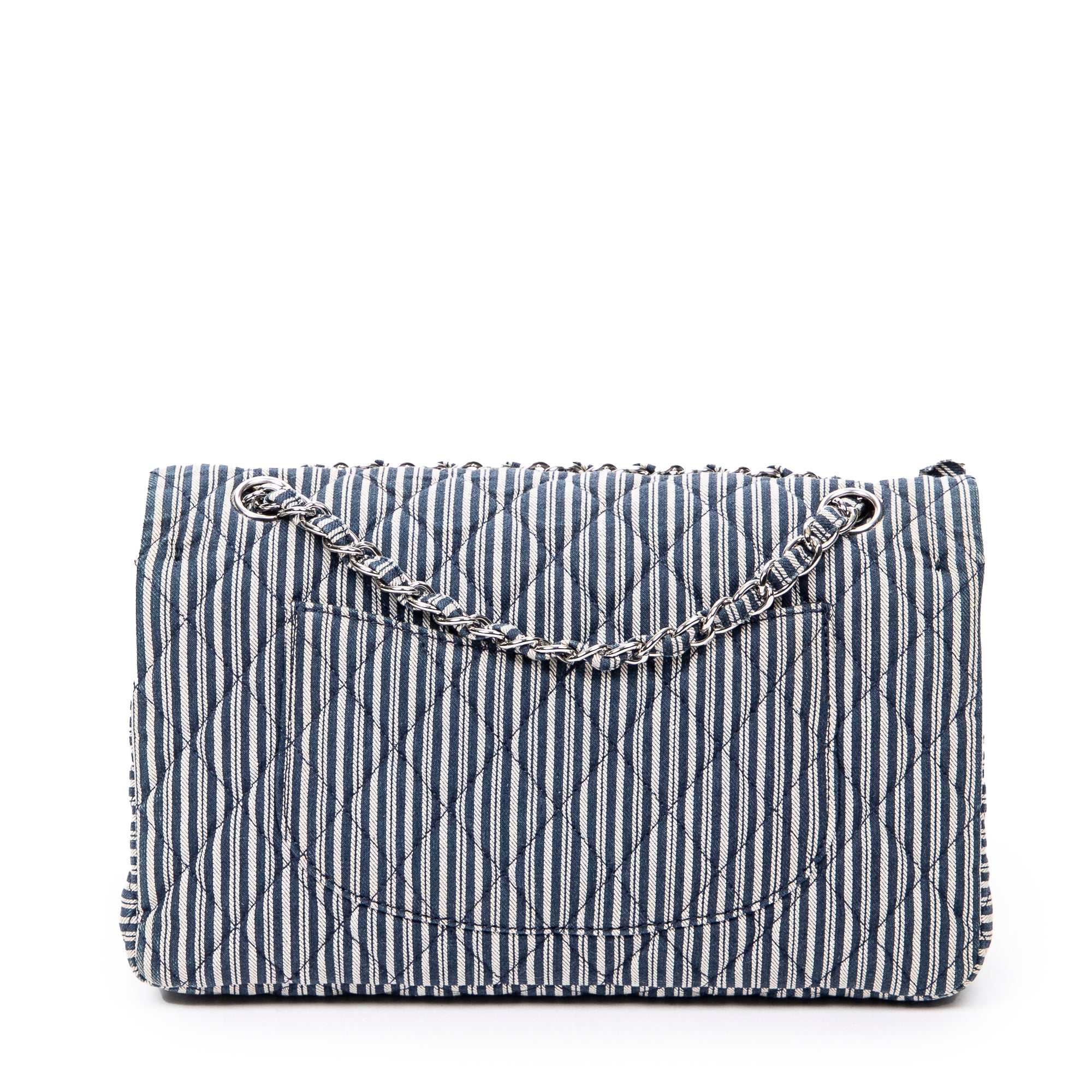 Shoulder Bag Medium Sequin Stripe Double Flap Blue Quilted Striped Canvas