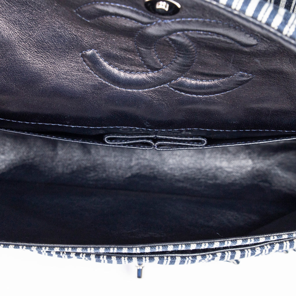 Shoulder Bag Medium Sequin Stripe Double Flap Blue Quilted Striped Canvas