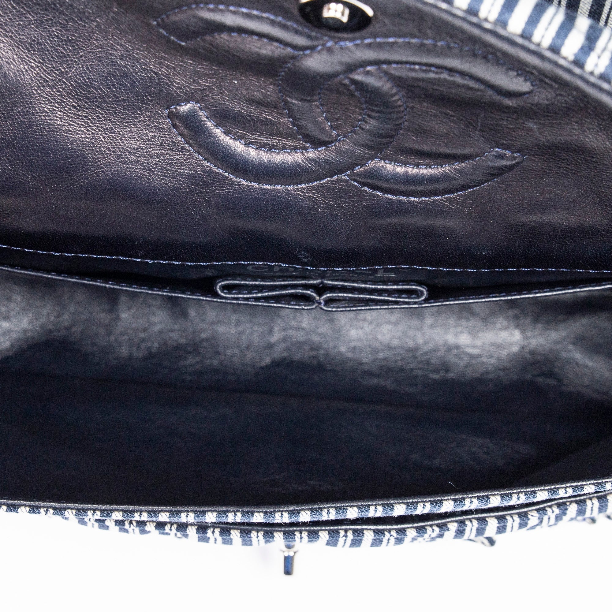 Shoulder Bag Medium Sequin Stripe Double Flap Blue Quilted Striped Canvas
