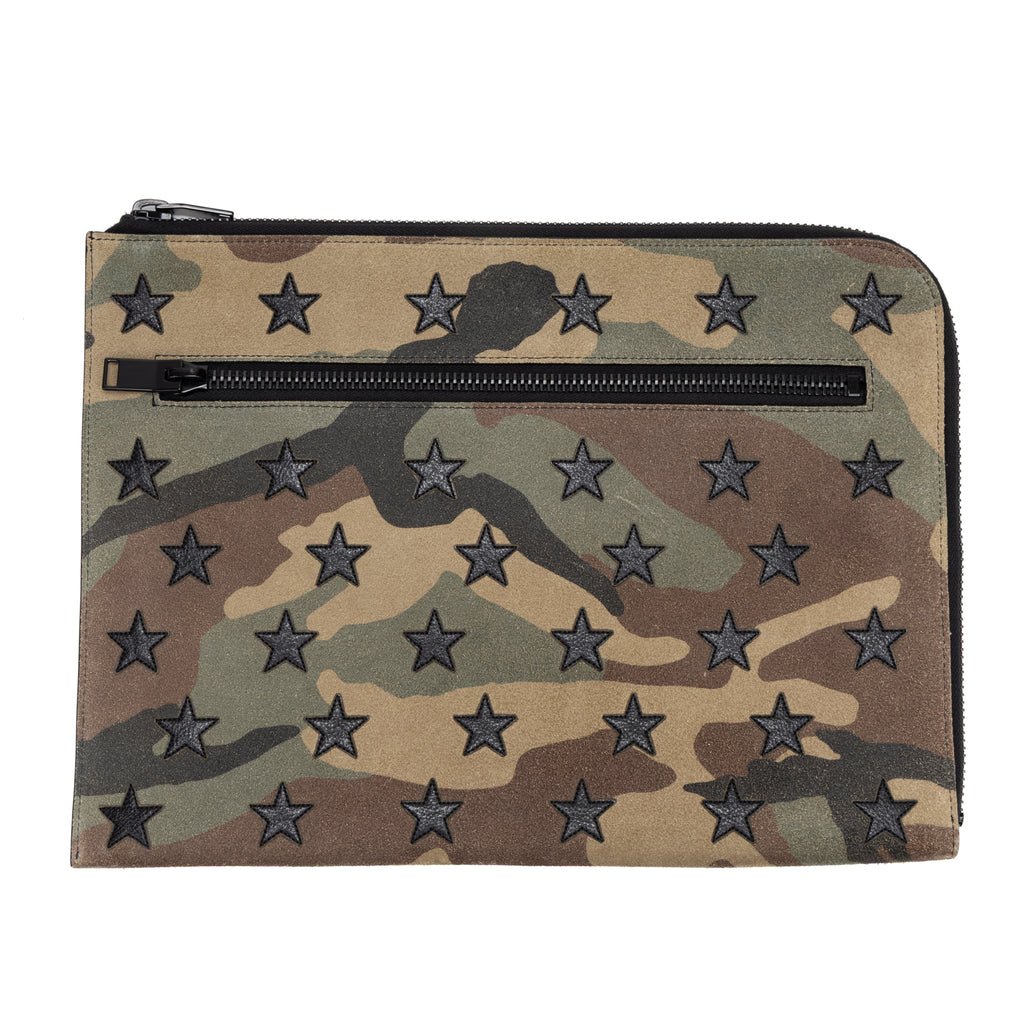 Handbag Portfolio Camouflage Zip Clutch Green Star Camouflage Suede Leather