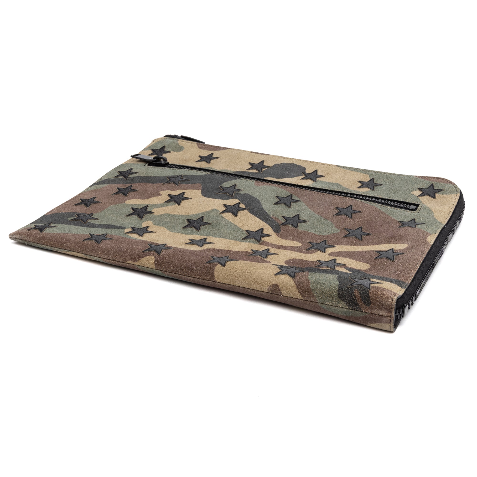 Handbag Portfolio Camouflage Zip Clutch Green Star Camouflage Suede Leather