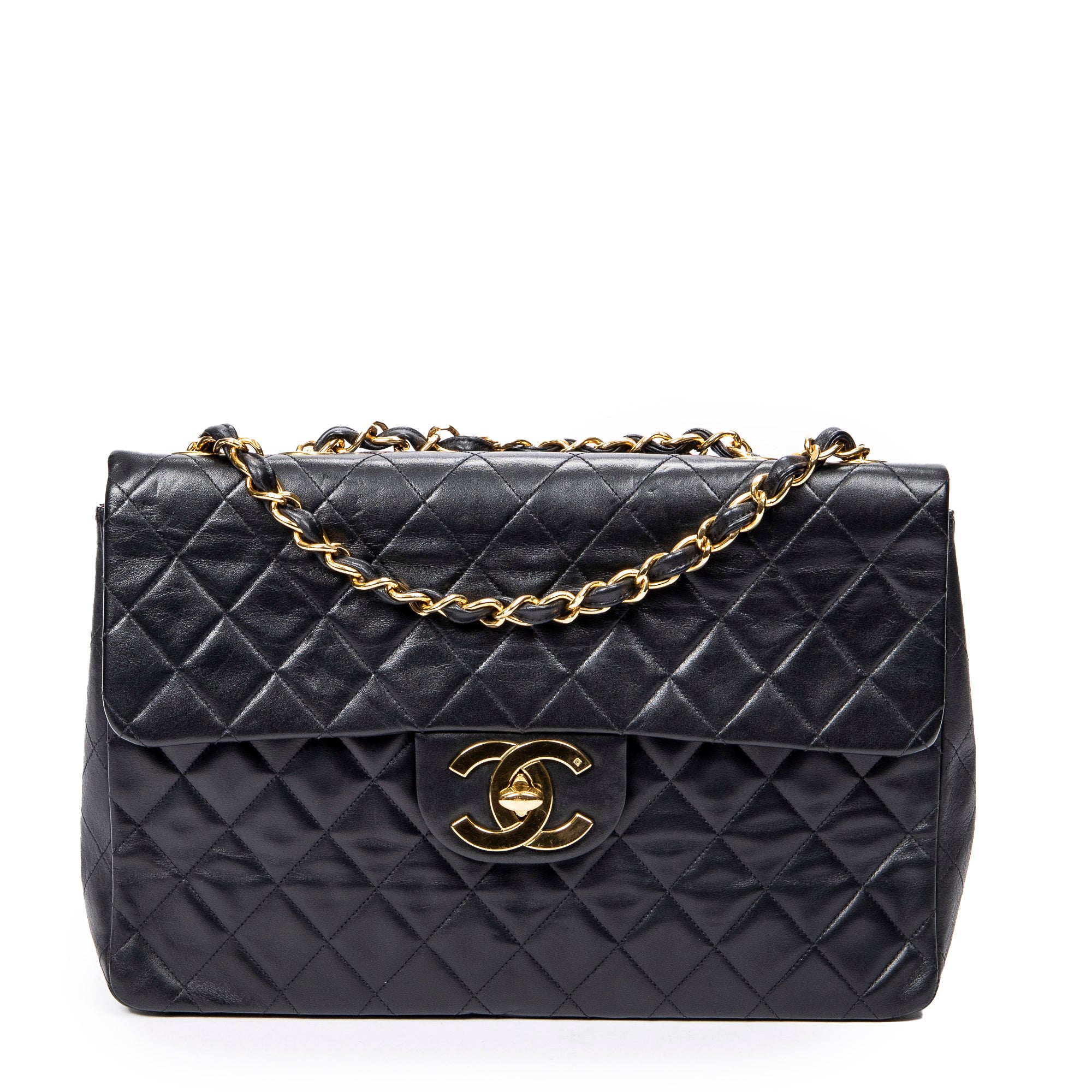 Shoulder Bag Maxi Jumbo XL Flap Black Quilted Lambskin Leather