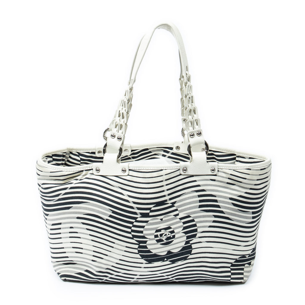 Shoulder Bag Camellia Flower Beach Tote Ivory Camellia Stripe Canvas