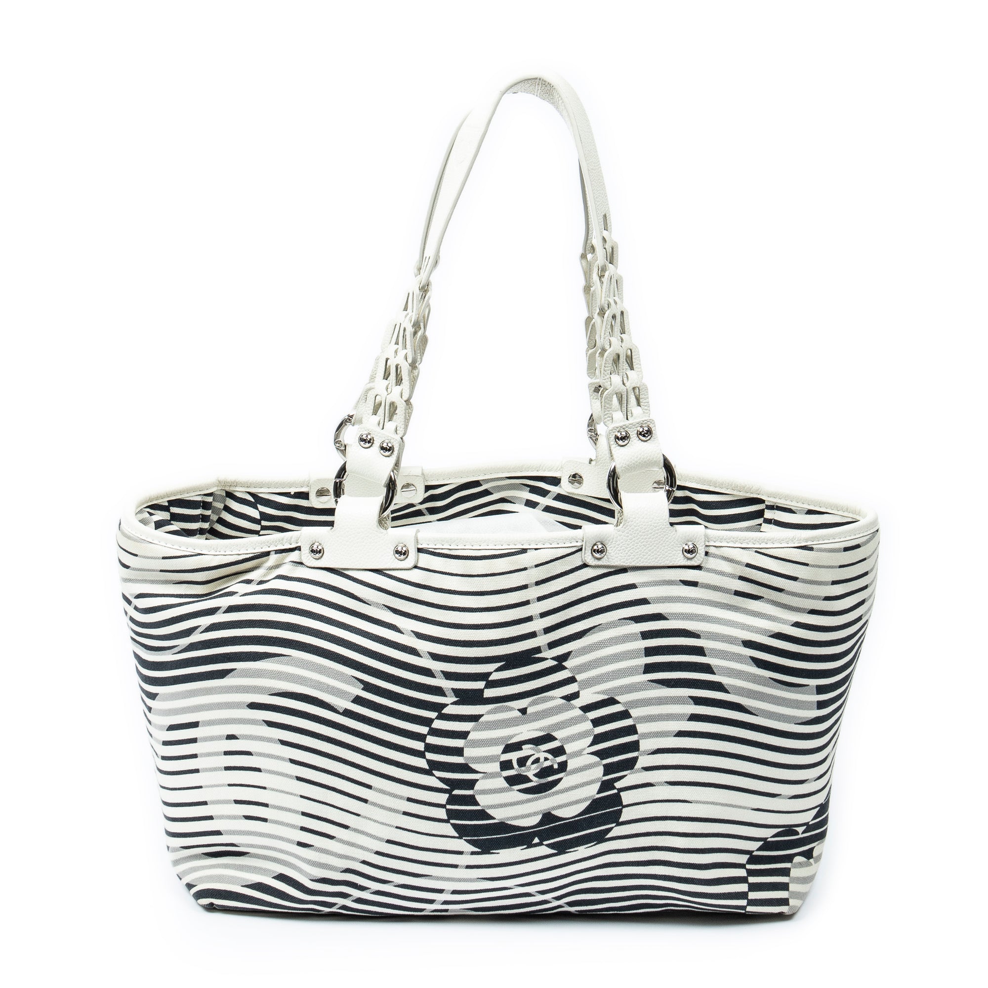 Shoulder Bag Camellia Flower Beach Tote Ivory Camellia Stripe Canvas