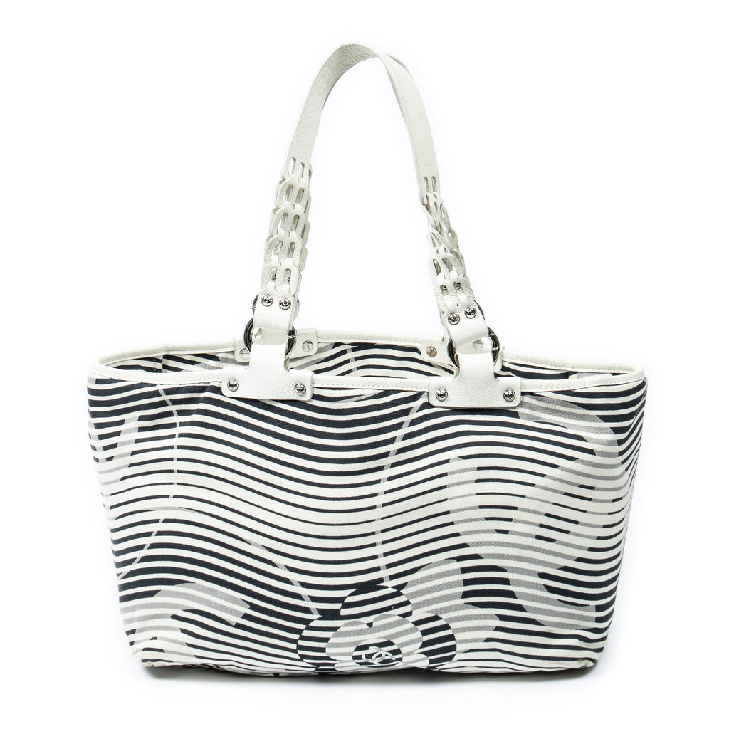 Shoulder Bag Camellia Flower Beach Tote Ivory Camellia Stripe Canvas