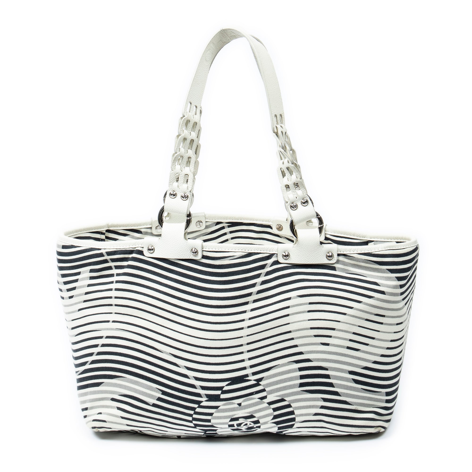 Shoulder Bag Camellia Flower Beach Tote Ivory Camellia Stripe Canvas