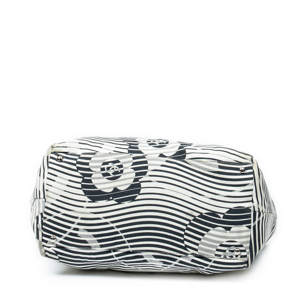 Shoulder Bag Camellia Flower Beach Tote Ivory Camellia Stripe Canvas