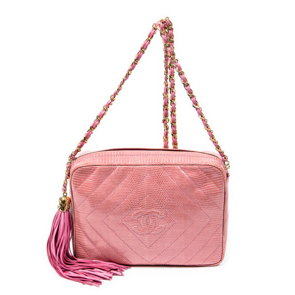 Shoulder Bag Exceptional Rare Vintage Diamond Lizard Tassel Camera Bag Pink Quilted Diamond Lizard Leather
