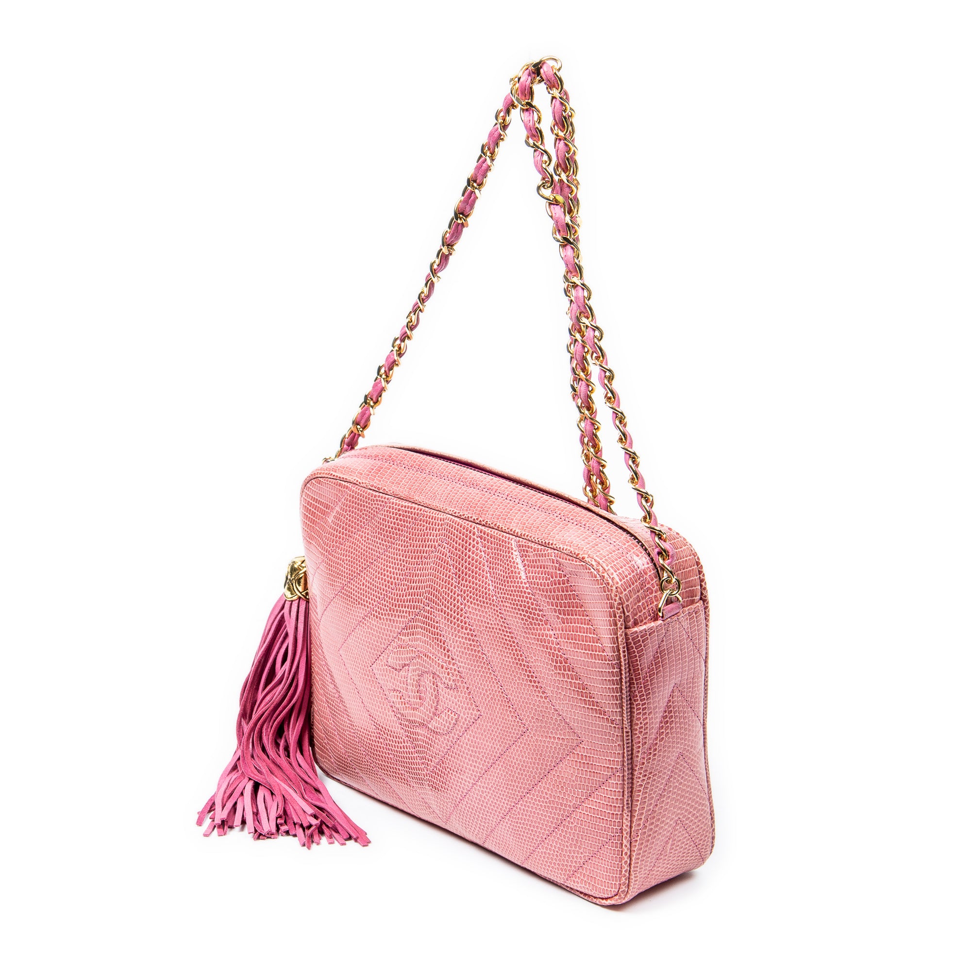 Shoulder Bag Exceptional Rare Vintage Diamond Lizard Tassel Camera Bag Pink Quilted Diamond Lizard Leather