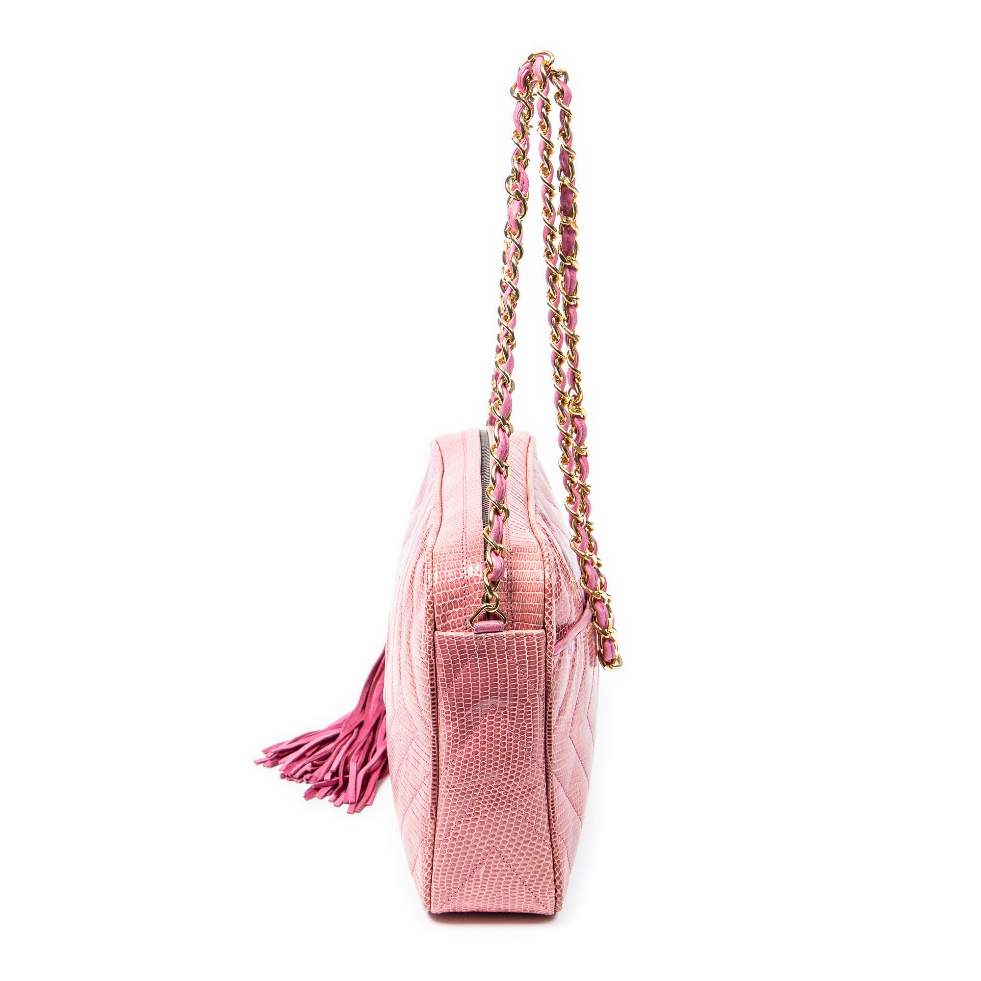Shoulder Bag Exceptional Rare Vintage Diamond Lizard Tassel Camera Bag Pink Quilted Diamond Lizard Leather