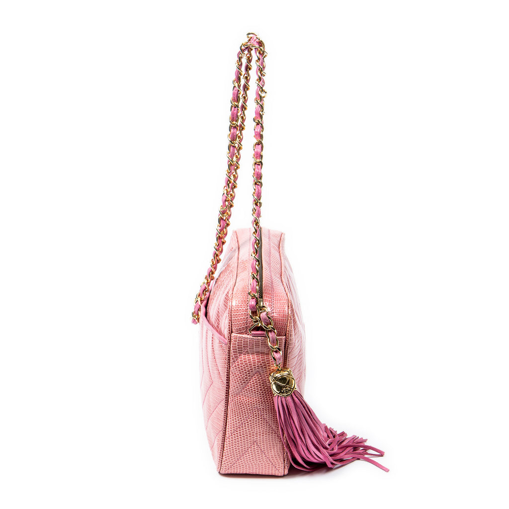 Shoulder Bag Exceptional Rare Vintage Diamond Lizard Tassel Camera Bag Pink Quilted Diamond Lizard Leather
