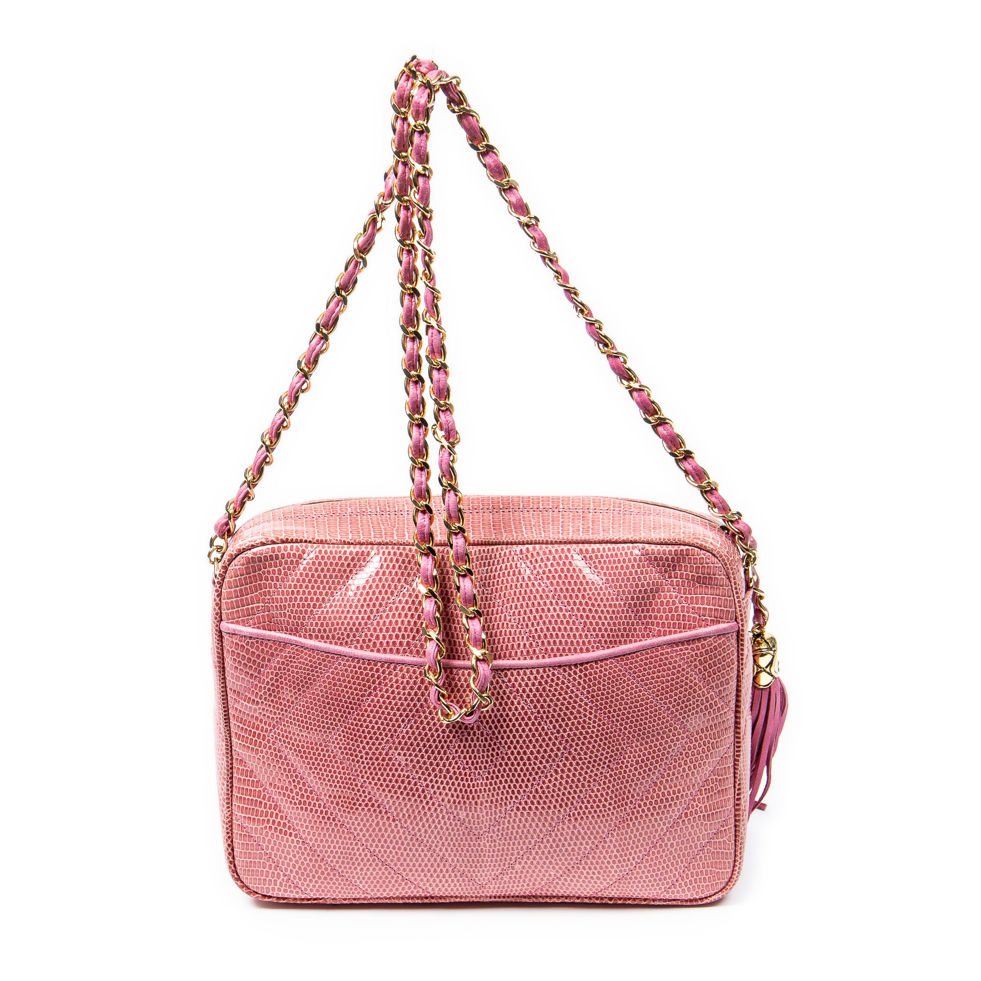 Shoulder Bag Exceptional Rare Vintage Diamond Lizard Tassel Camera Bag Pink Quilted Diamond Lizard Leather