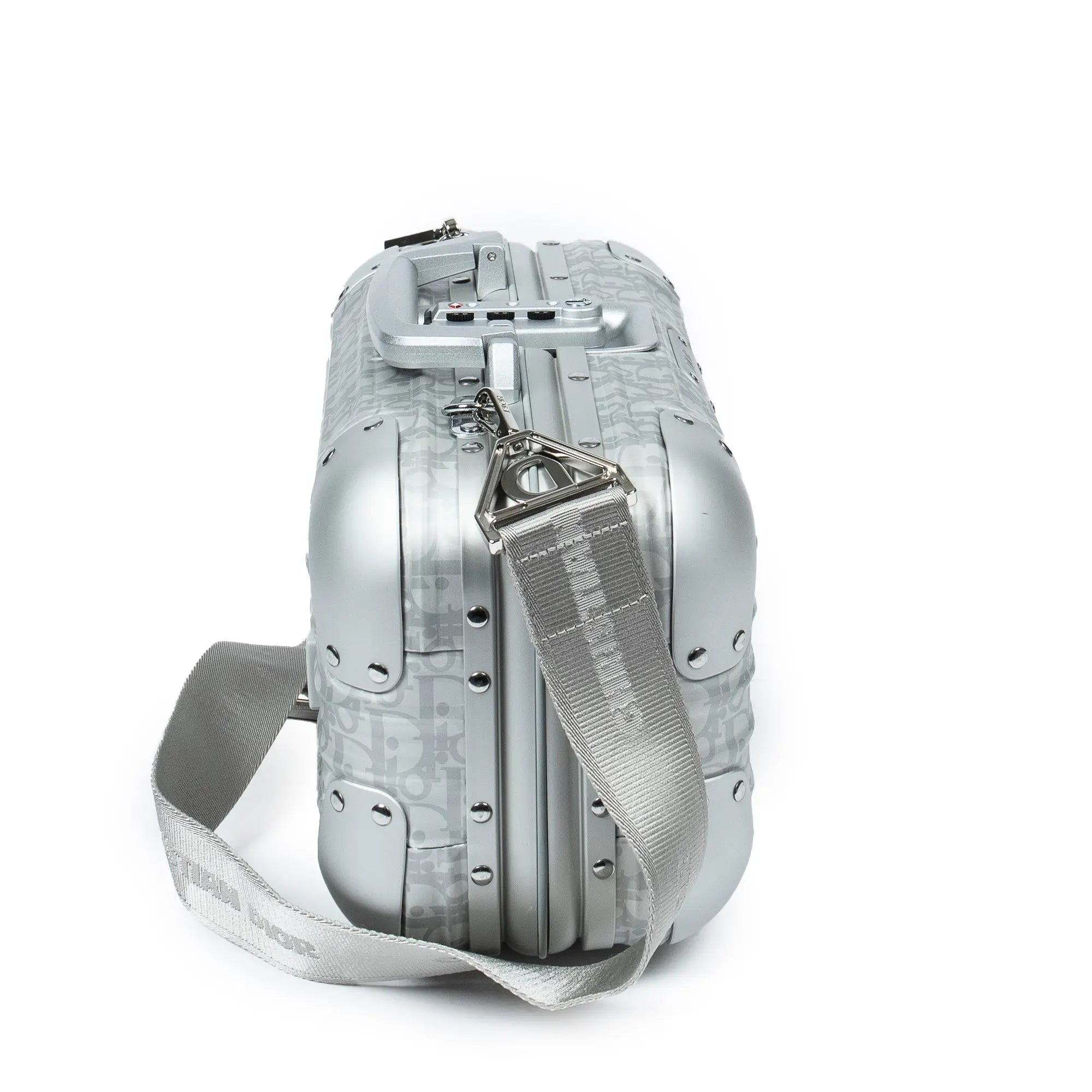 Sac à bandoulière rare édition limitée Dior x Rimowa, valise cabine, oblique argent, aluminium