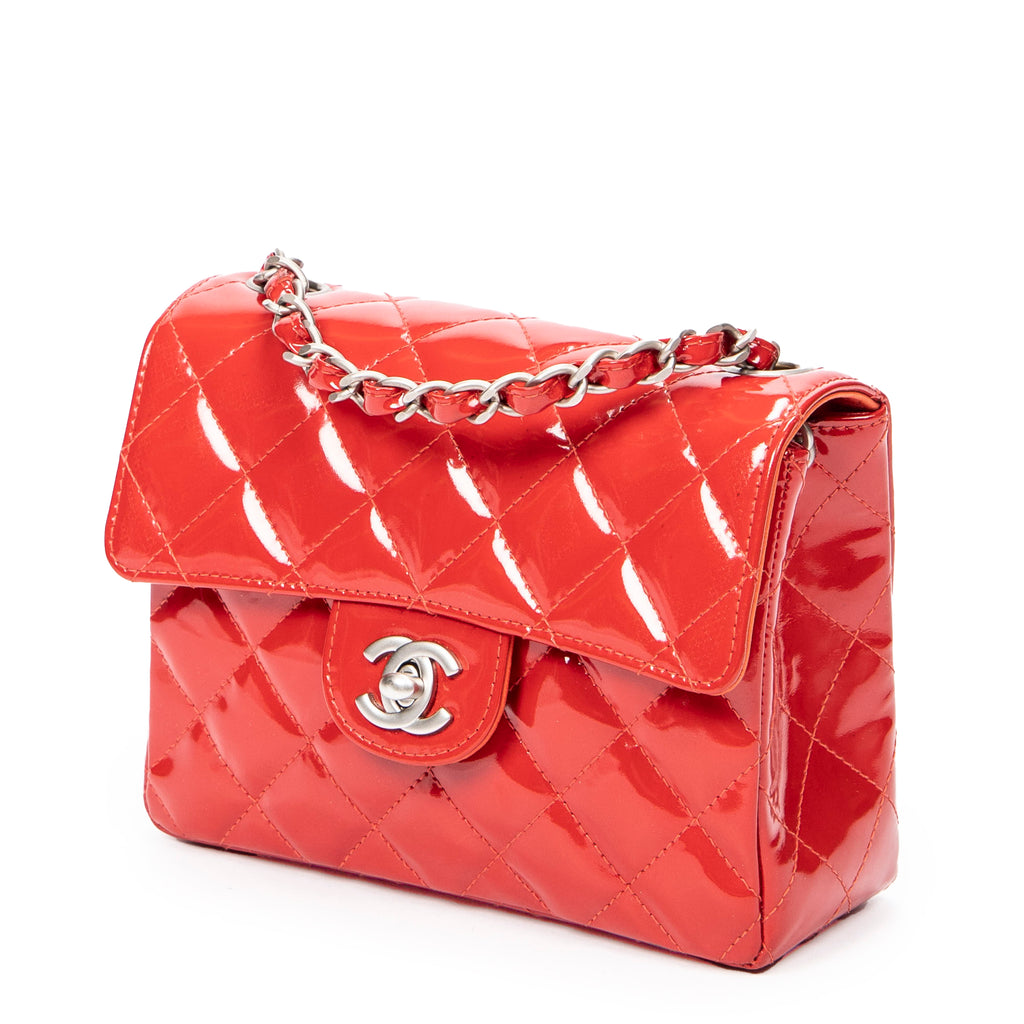 Shoulder Bag Mini Square Single Flap Red Quilted Patent Leather