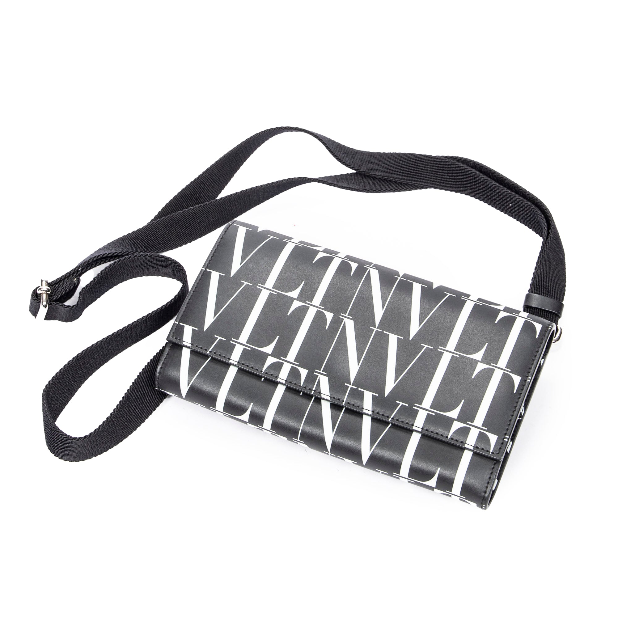 Shoulder Bag Logo Wallet on Strap Black Logo Print Calfskin Leather