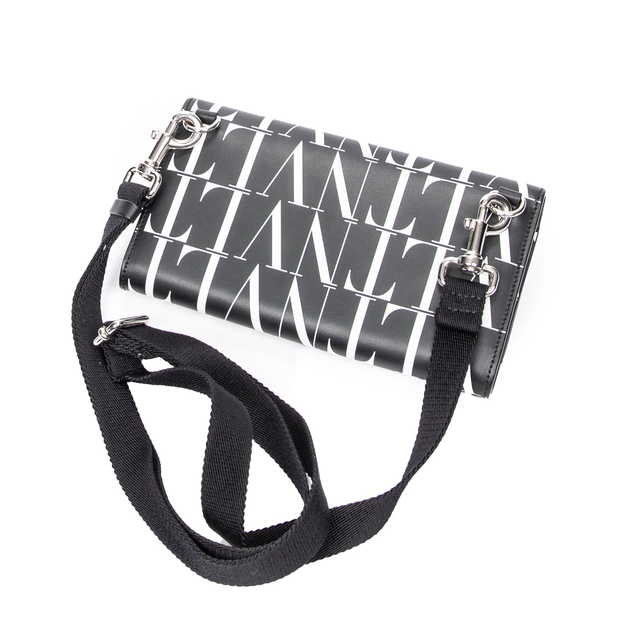 Shoulder Bag Logo Wallet on Strap Black Logo Print Calfskin Leather