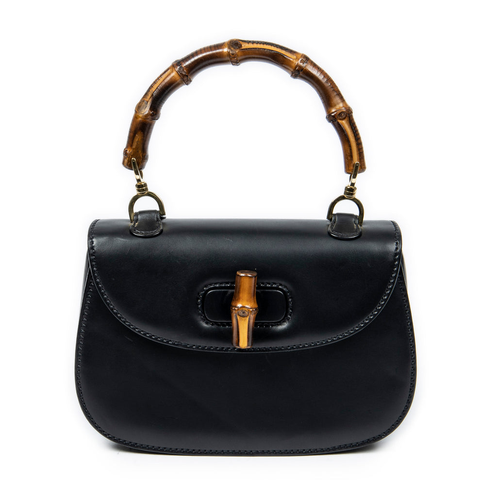 Bolso de Hombro Vintage Bambú Solapa Asa Superior Cuero Liso Negro