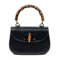 Bolso de Hombro Vintage Bambú Solapa Asa Superior Cuero Liso Negro