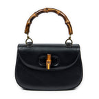 Bolso de Hombro Vintage Bambú Solapa Asa Superior Cuero Liso Negro