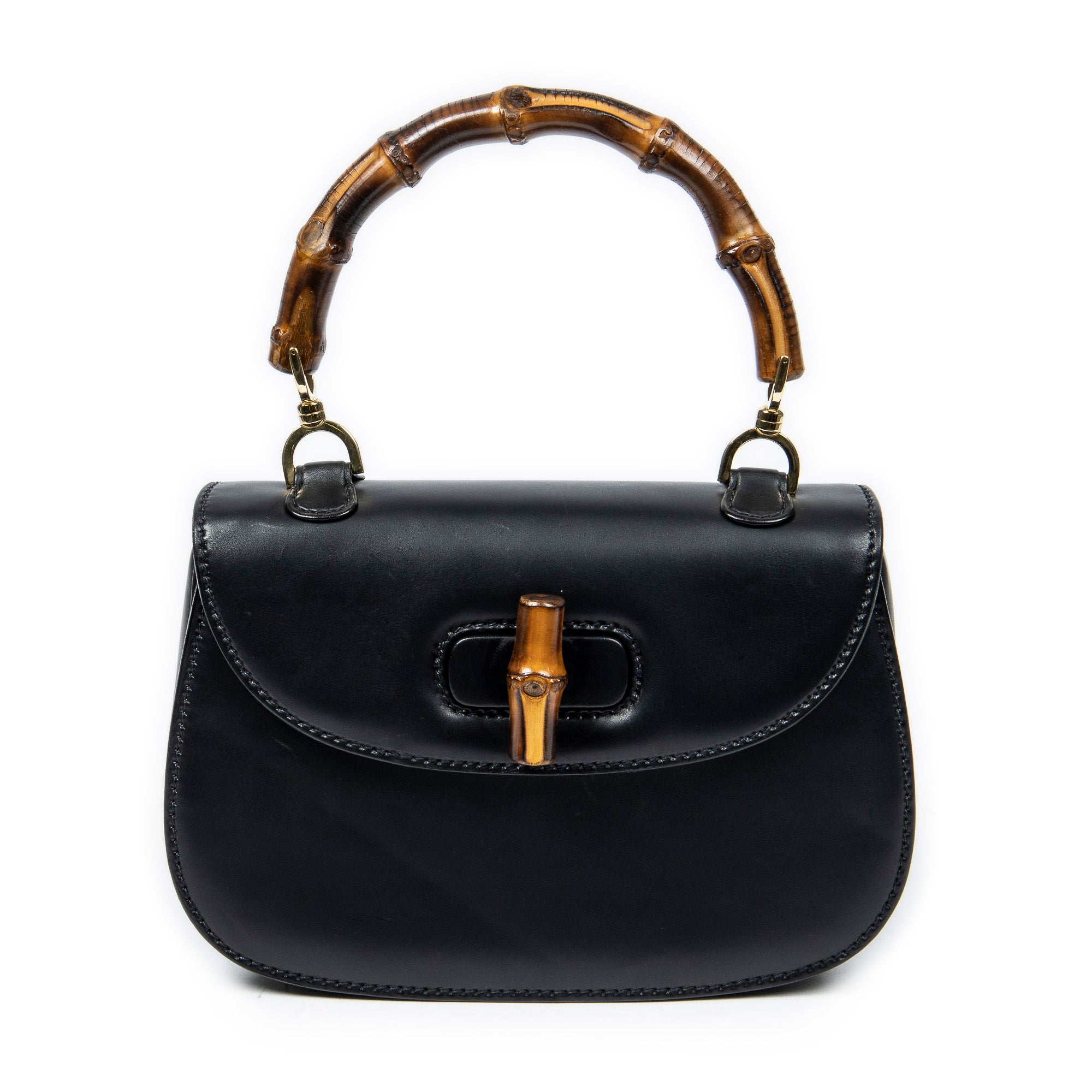 Bolso de Hombro Vintage Bambú Solapa Asa Superior Cuero Liso Negro